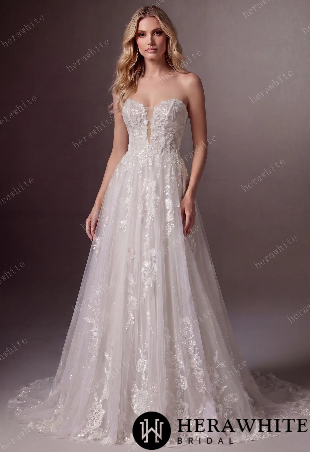 Floral Lace A-line Wedding Gown With Illusion Plunge Bodice & Strapless V-neck — HW3773 — image 1