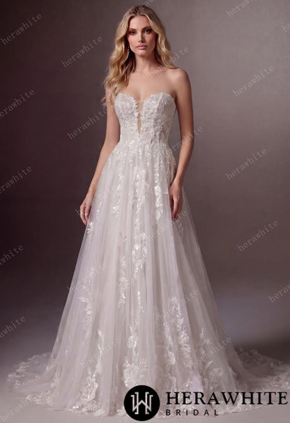 Floral Lace A-line Wedding Gown With Illusion Plunge Bodice & Strapless V-neck — HW3773 — image 1