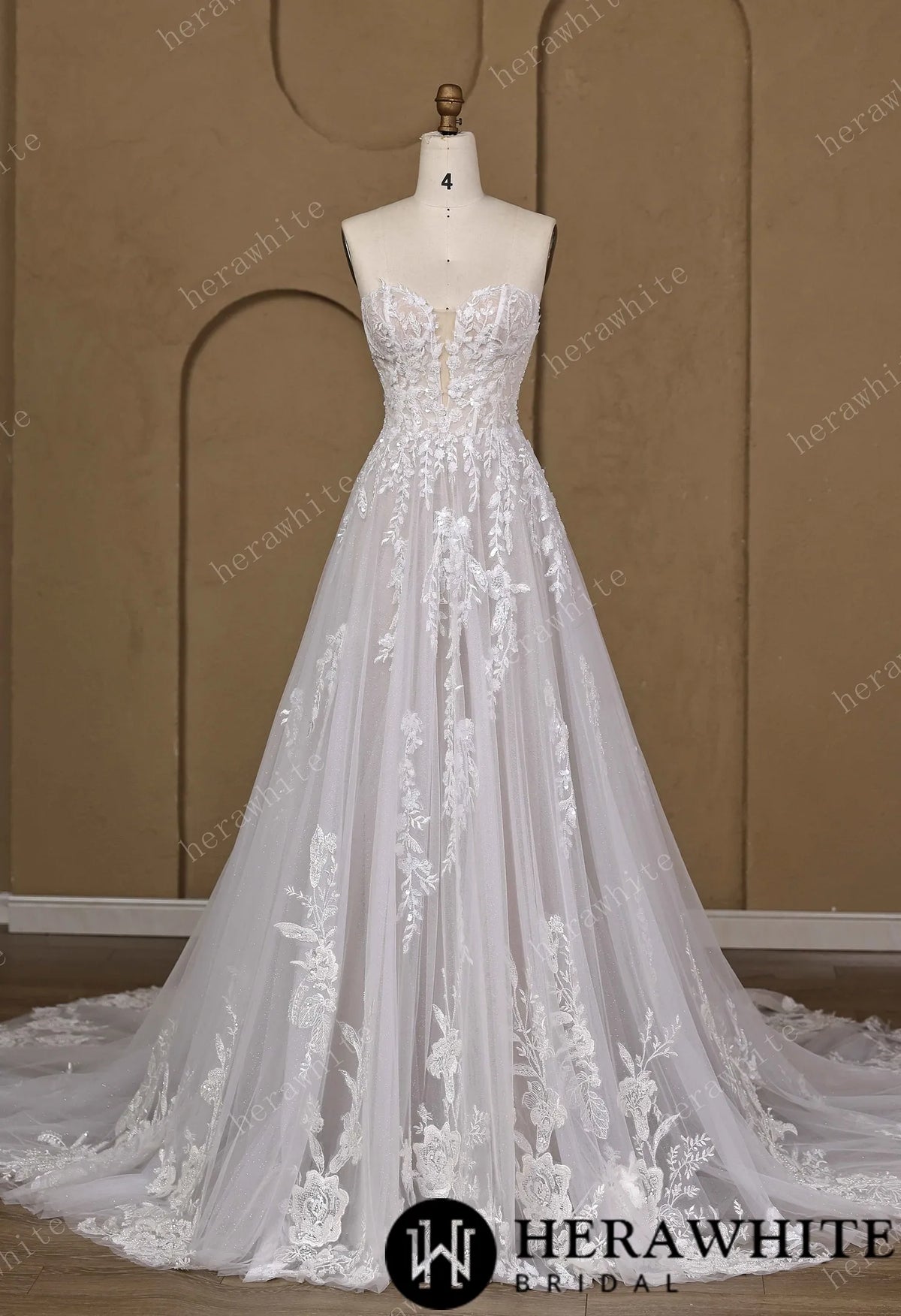Floral Lace A-line Wedding Gown With Illusion Plunge Bodice & Strapless V-neck — HW3773 — image 2