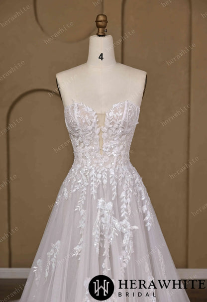 Floral Lace A-line Wedding Gown With Illusion Plunge Bodice & Strapless V-neck — HW3773 — image 3