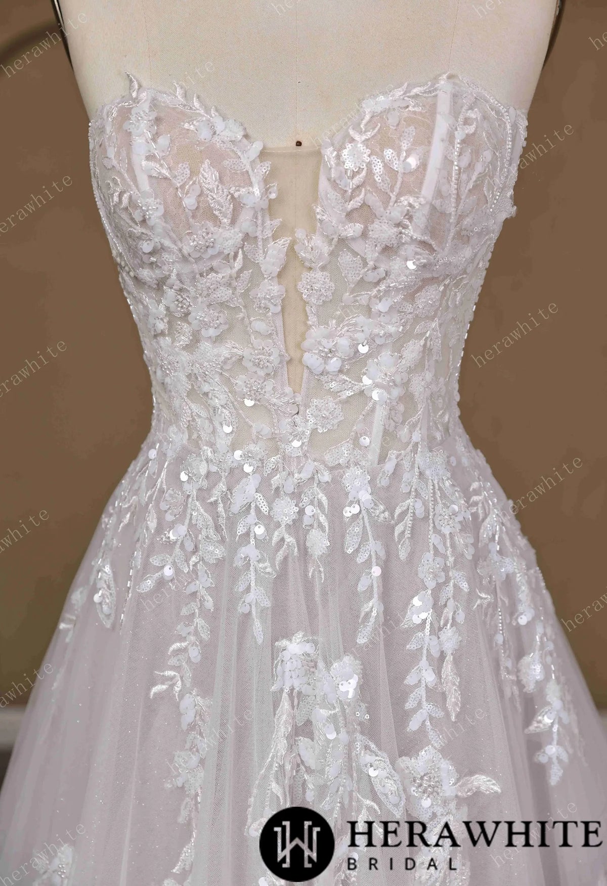 Floral Lace A-line Wedding Gown With Illusion Plunge Bodice & Strapless V-neck — HW3773 — image 4