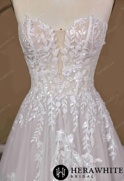 Floral Lace A-line Wedding Gown With Illusion Plunge Bodice & Strapless V-neck — HW3773 — image 4