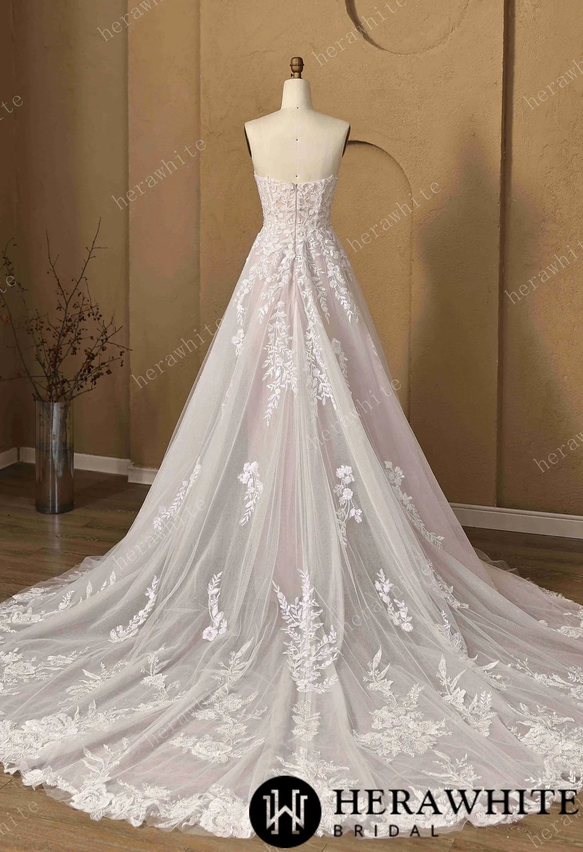 Floral Lace A-line Wedding Gown With Illusion Plunge Bodice & Strapless V-neck — HW3773 — image 5