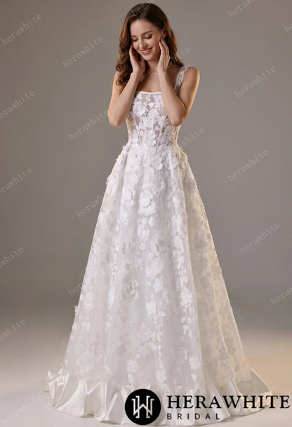 3D Floral Lace A-line Wedding Gown With Square Neckline & Satin Hem Trim — HW3776 — image 1