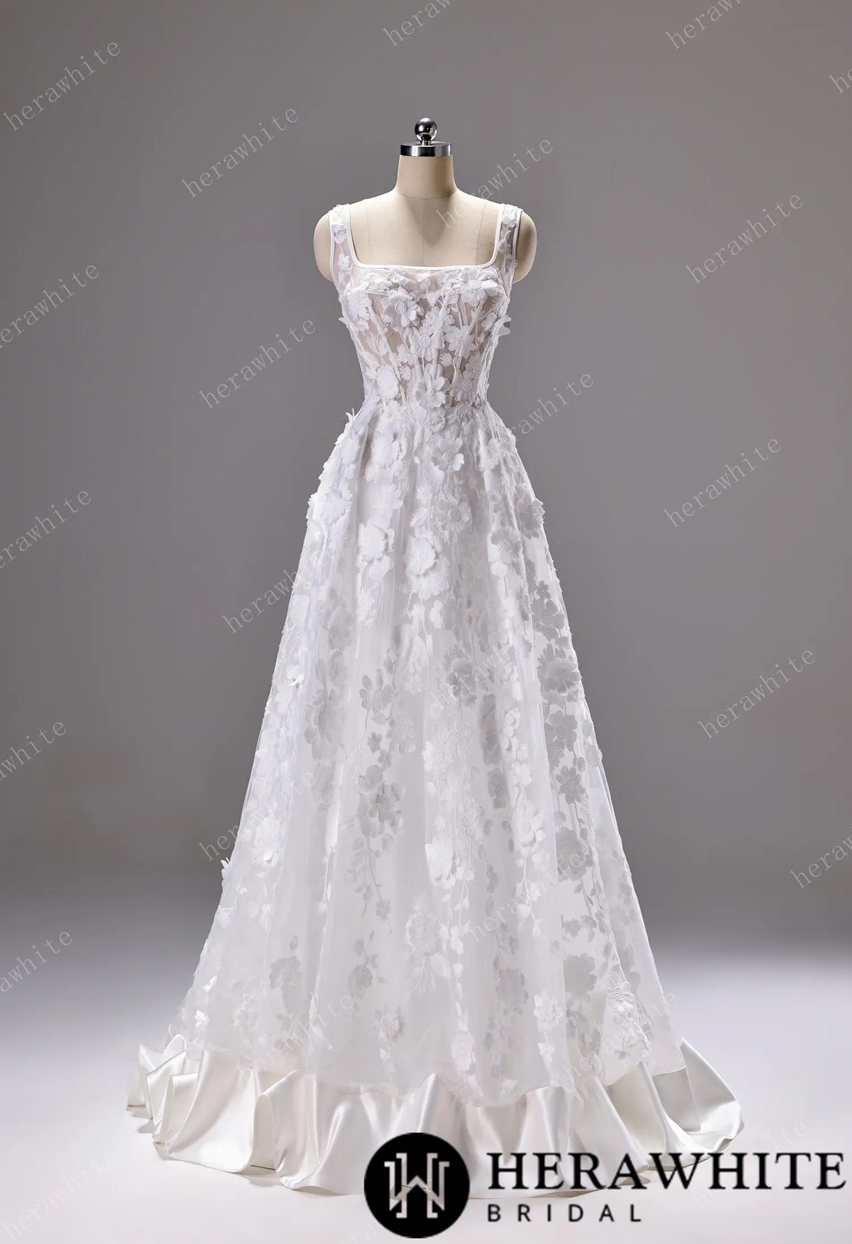 3D Floral Lace A-line Wedding Gown With Square Neckline & Satin Hem Trim — HW3776 — image 2