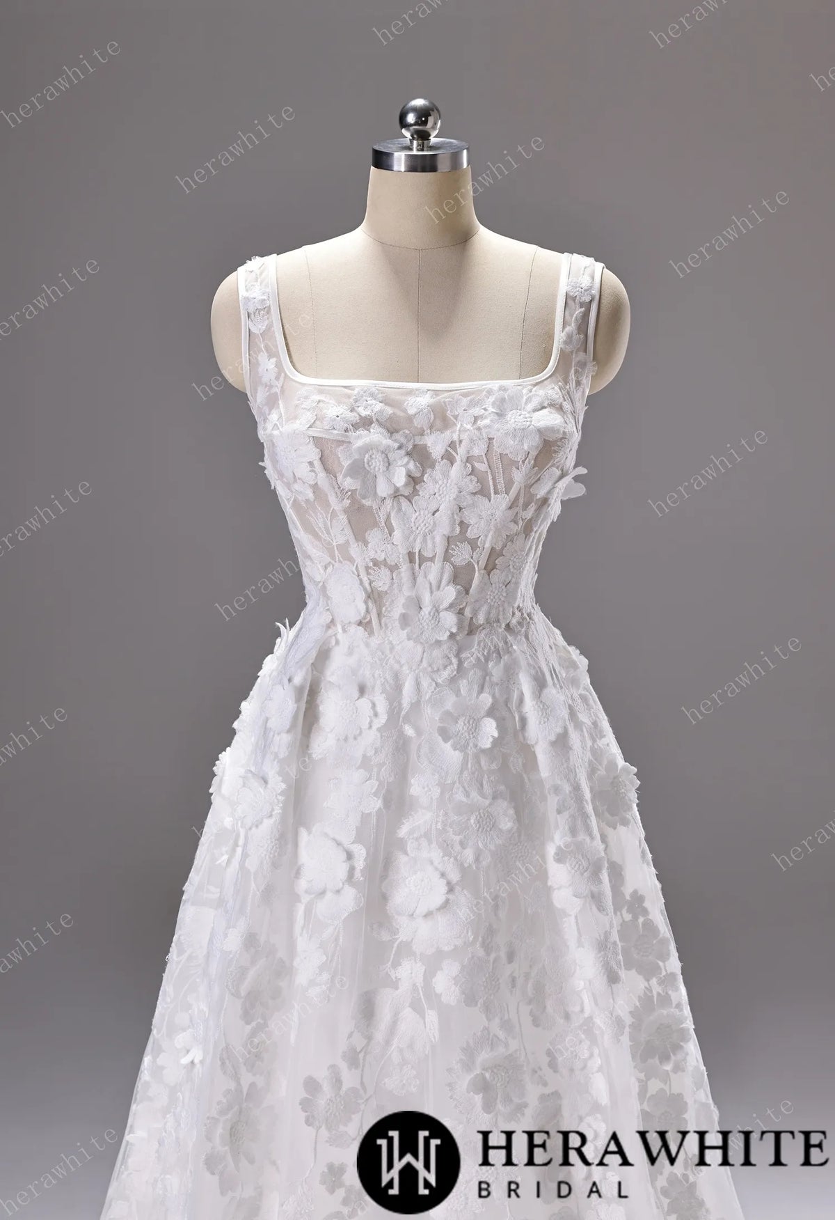3D Floral Lace A-line Wedding Gown With Square Neckline & Satin Hem Trim — HW3776 — image 3