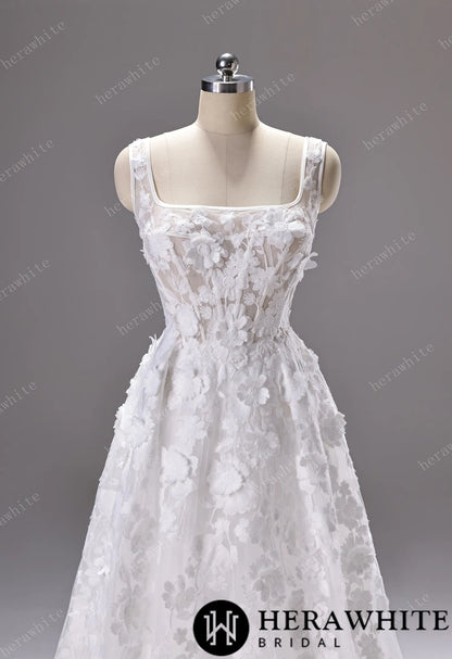 3D Floral Lace A-line Wedding Gown With Square Neckline & Satin Hem Trim — HW3776 — image 3