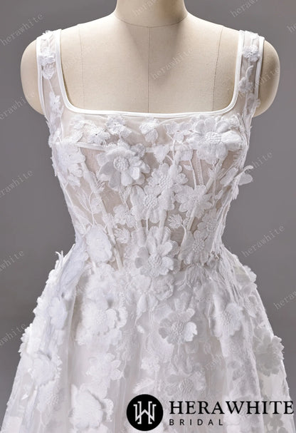 3D Floral Lace A-line Wedding Gown With Square Neckline & Satin Hem Trim — HW3776 — image 4