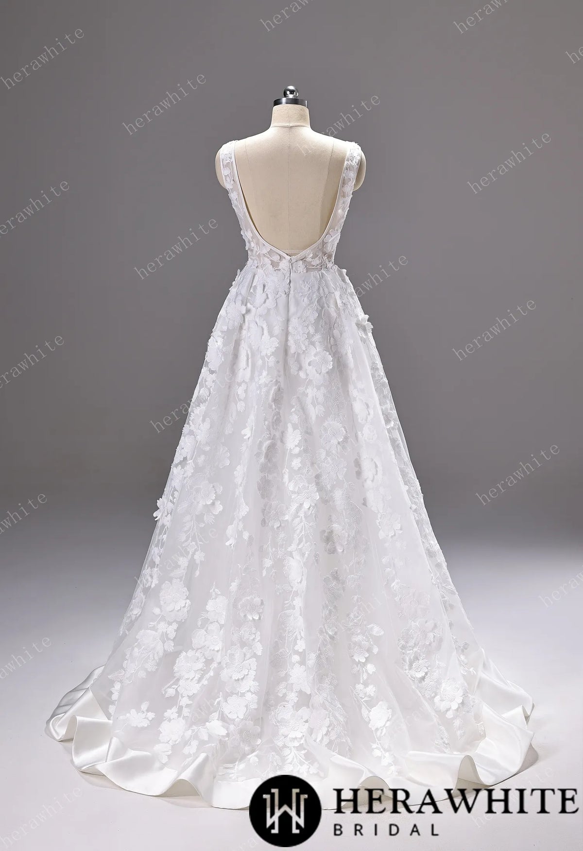 3D Floral Lace A-line Wedding Gown With Square Neckline & Satin Hem Trim — HW3776 — image 5