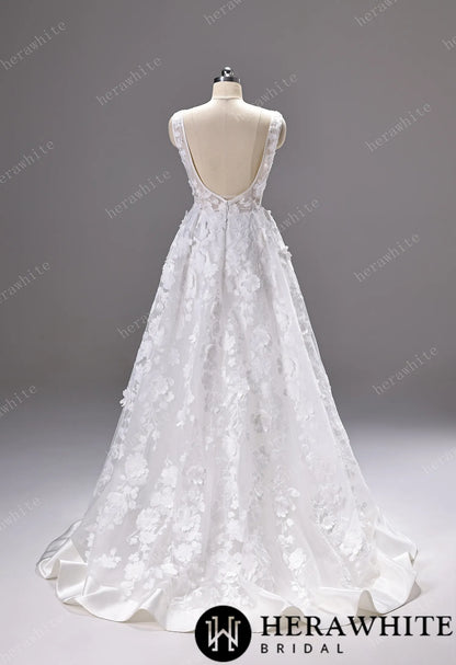 3D Floral Lace A-line Wedding Gown With Square Neckline & Satin Hem Trim — HW3776 — image 5