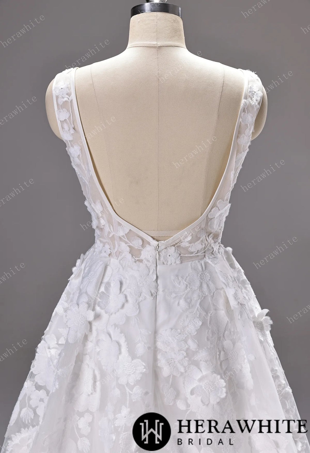 3D Floral Lace A-line Wedding Gown With Square Neckline & Satin Hem Trim — HW3776 — image 6