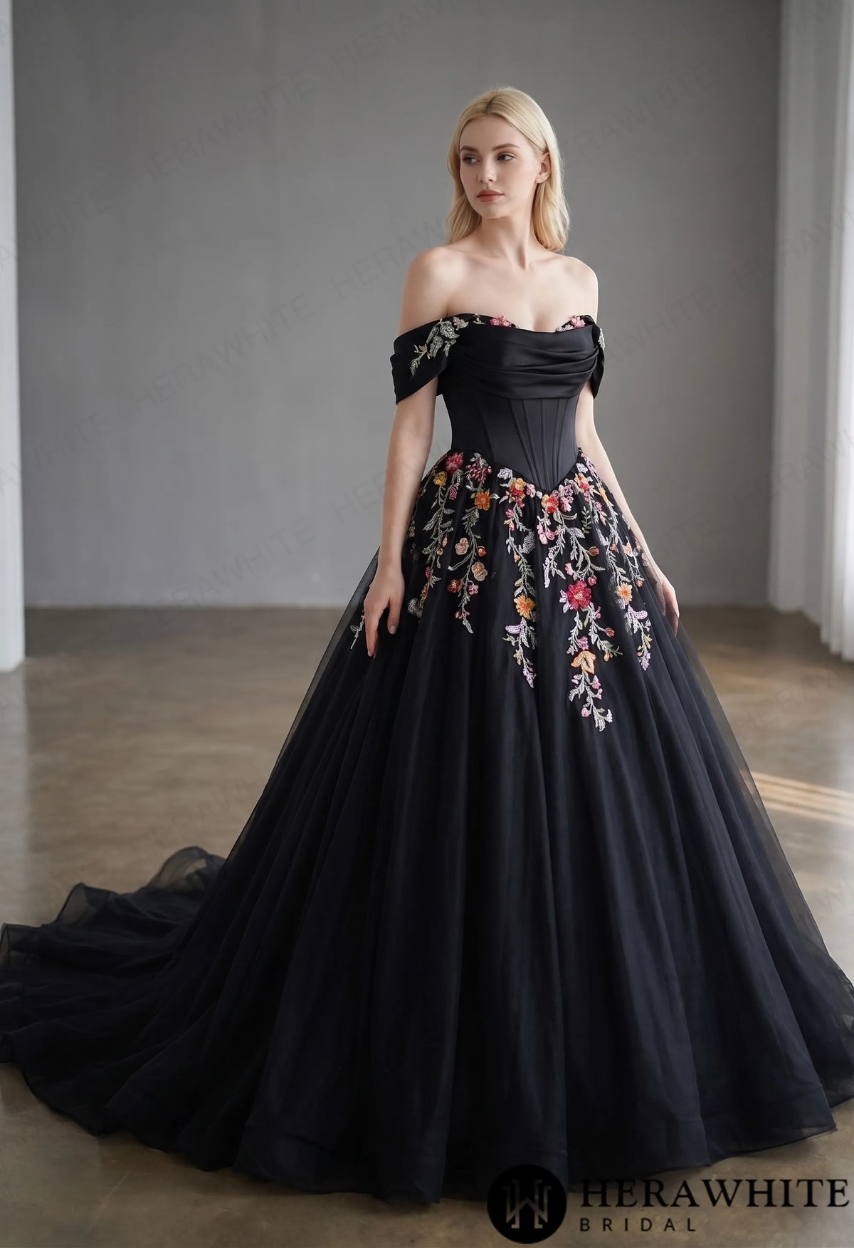 Off-the-Shoulder Satin Corset Ball Gown with Colorful Floral Embroidery — HW3789 — image 1