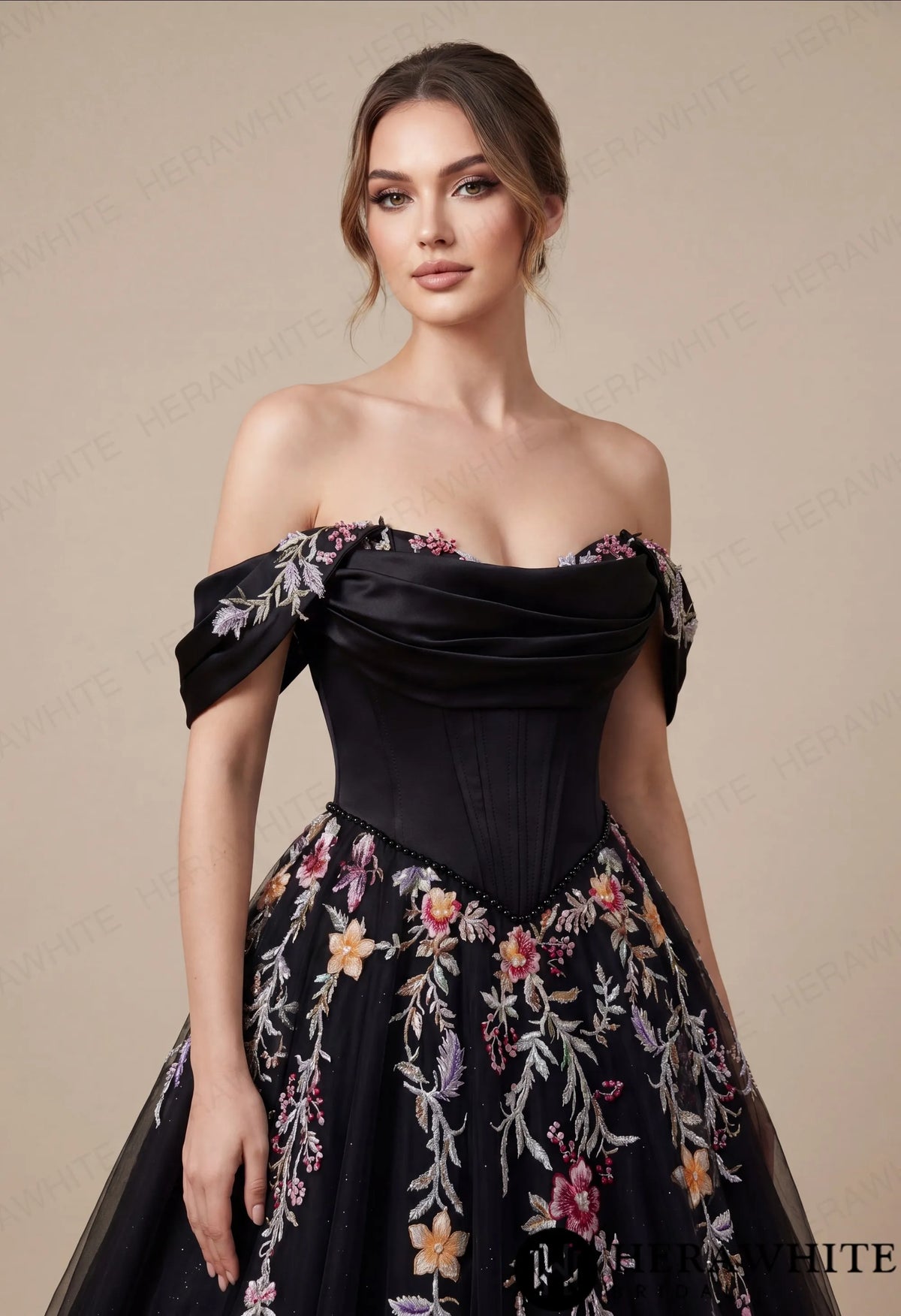 Off-the-Shoulder Satin Corset Ball Gown with Colorful Floral Embroidery — HW3789 — image 2