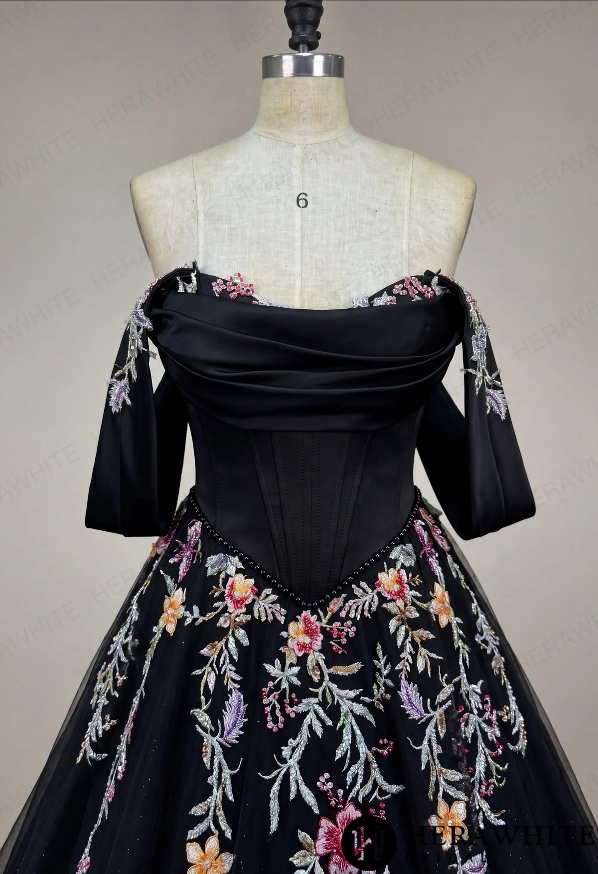 Off-the-Shoulder Satin Corset Ball Gown with Colorful Floral Embroidery — HW3789 — image 3