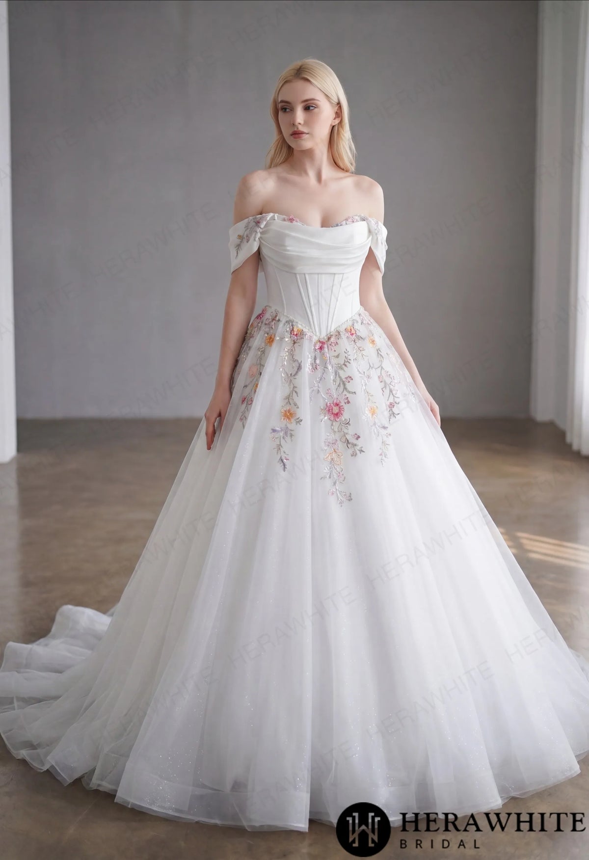 Off-the-Shoulder Satin Corset Ball Gown with Colorful Floral Embroidery — HW3789 — image 4