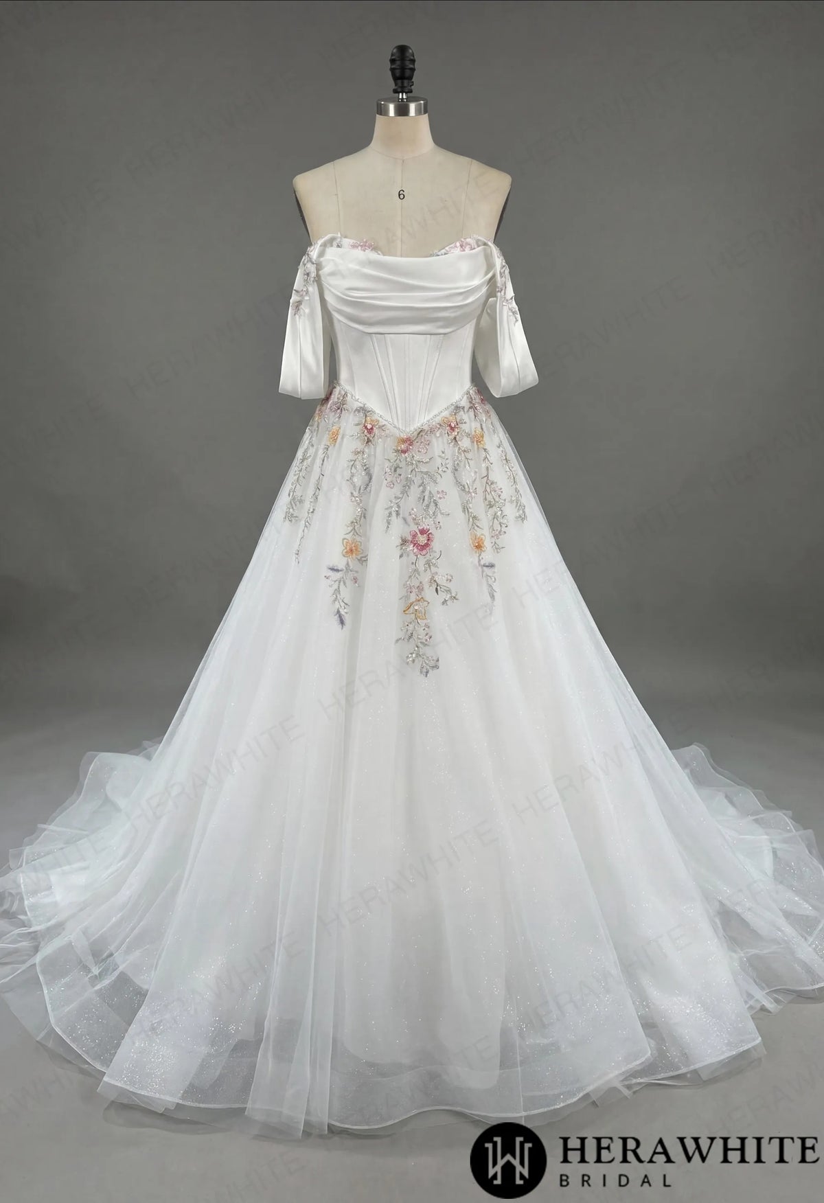 Off-the-Shoulder Satin Corset Ball Gown with Colorful Floral Embroidery — HW3789 — image 5