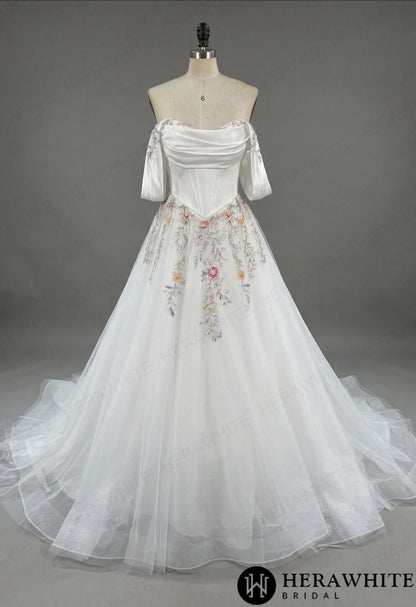 Off-the-Shoulder Satin Corset Ball Gown with Colorful Floral Embroidery — HW3789 — image 5
