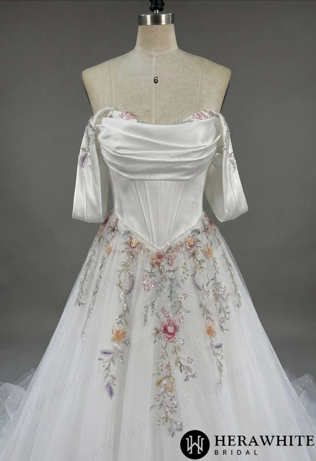 Off-the-Shoulder Satin Corset Ball Gown with Colorful Floral Embroidery — HW3789 — image 6