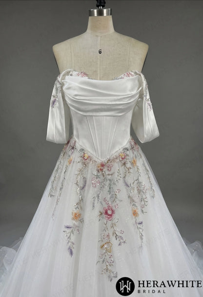 Off-the-Shoulder Satin Corset Ball Gown with Colorful Floral Embroidery — HW3789 — image 6