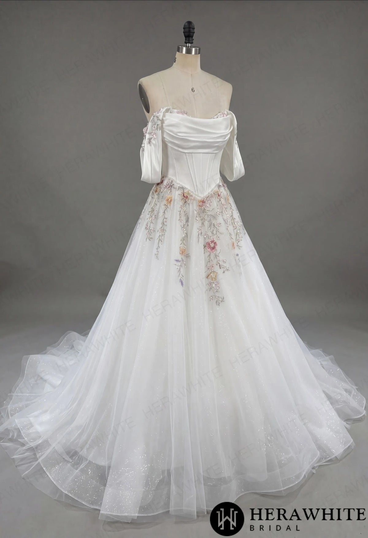 Off-the-Shoulder Satin Corset Ball Gown with Colorful Floral Embroidery — HW3789 — image 7