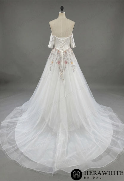 Off-the-Shoulder Satin Corset Ball Gown with Colorful Floral Embroidery — HW3789 — image 8
