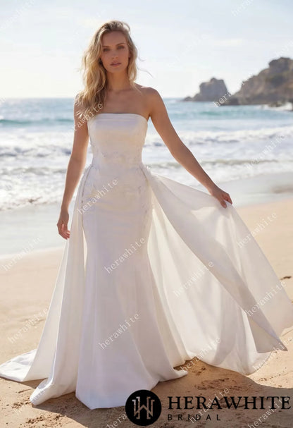 Elegant Strapless Crepe Mermaid Wedding Dress With 3D Floral Appliqué & Detachable Overskirt — HW3791 — image 1