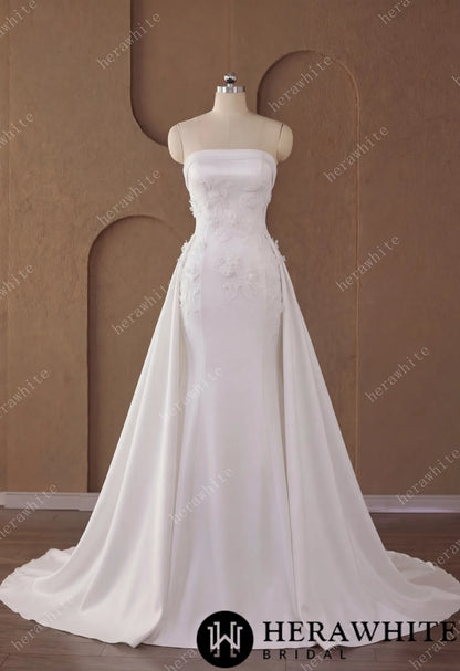 Elegant Strapless Crepe Mermaid Wedding Dress With 3D Floral Appliqué & Detachable Overskirt — HW3791 — image 2