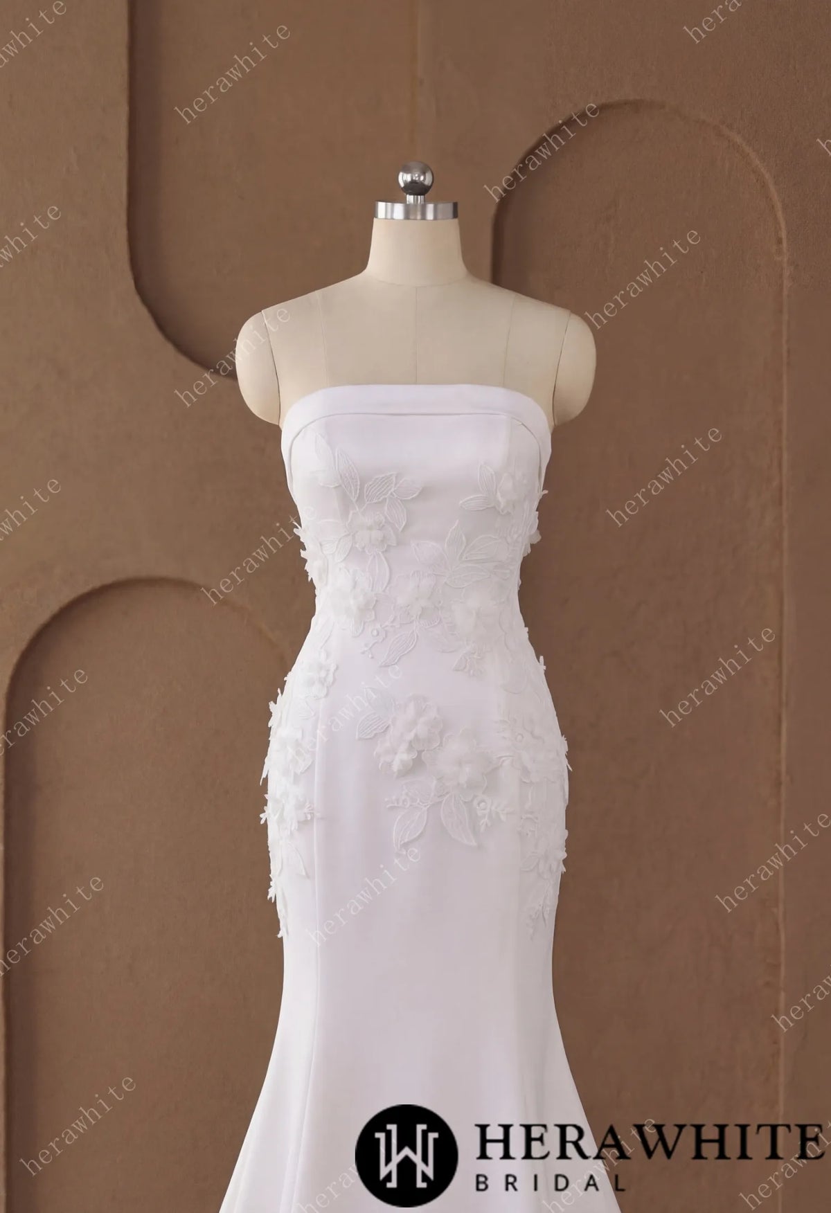 Elegant Strapless Crepe Mermaid Wedding Dress With 3D Floral Appliqué & Detachable Overskirt — HW3791 — image 3