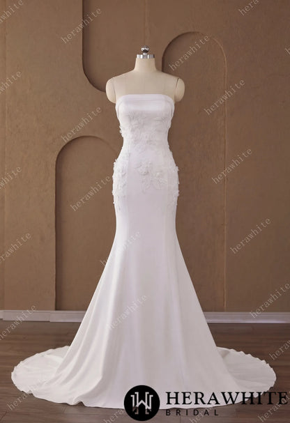 Elegant Strapless Crepe Mermaid Wedding Dress With 3D Floral Appliqué & Detachable Overskirt — HW3791 — image 4