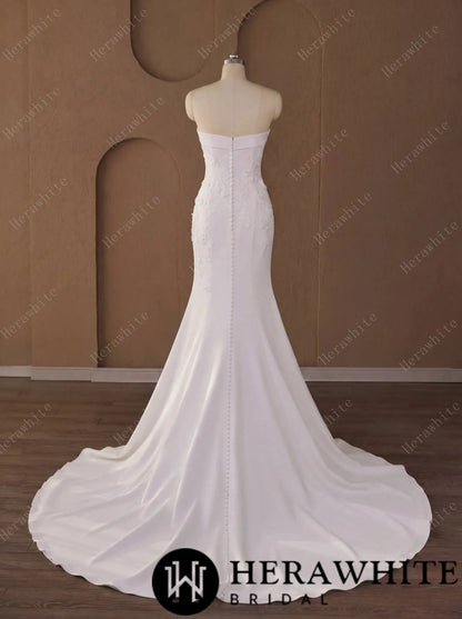Elegant Strapless Crepe Mermaid Wedding Dress With 3D Floral Appliqué & Detachable Overskirt — HW3791 — image 5