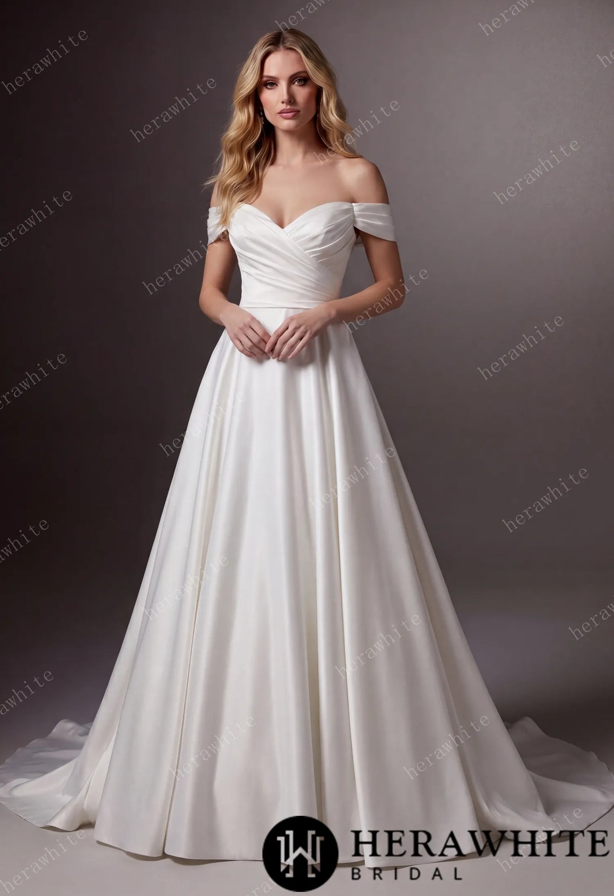 Off-Shoulder Sweetheart Satin A-line Wedding Gown With Draped Bodice & Cap Sleeves — HW3793 — image 1