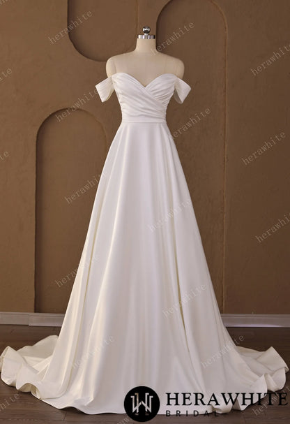 Off-Shoulder Sweetheart Satin A-line Wedding Gown With Draped Bodice & Cap Sleeves — HW3793 — image 2