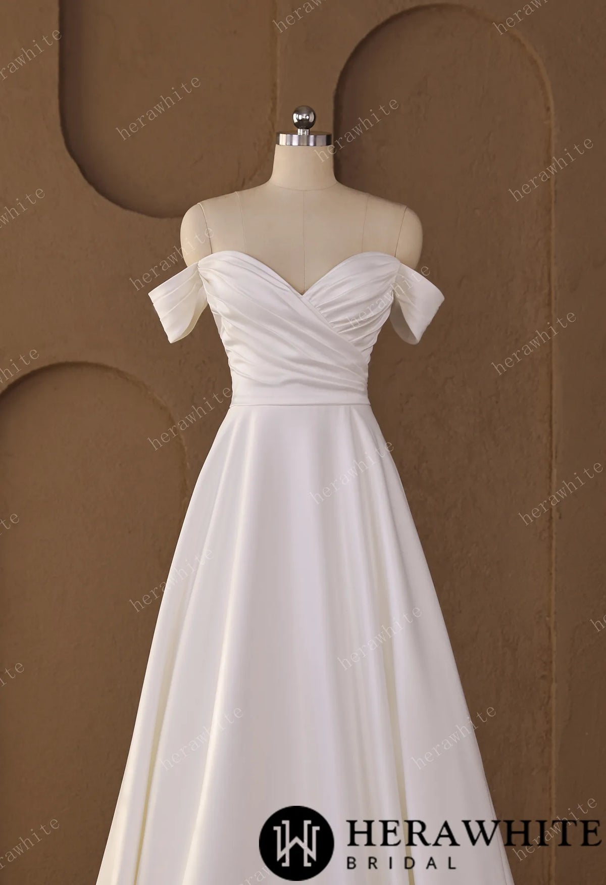 Off-Shoulder Sweetheart Satin A-line Wedding Gown With Draped Bodice & Cap Sleeves — HW3793 — image 3
