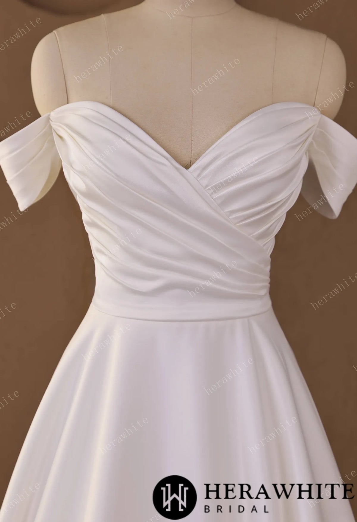 Off-Shoulder Sweetheart Satin A-line Wedding Gown With Draped Bodice & Cap Sleeves — HW3793 — image 4