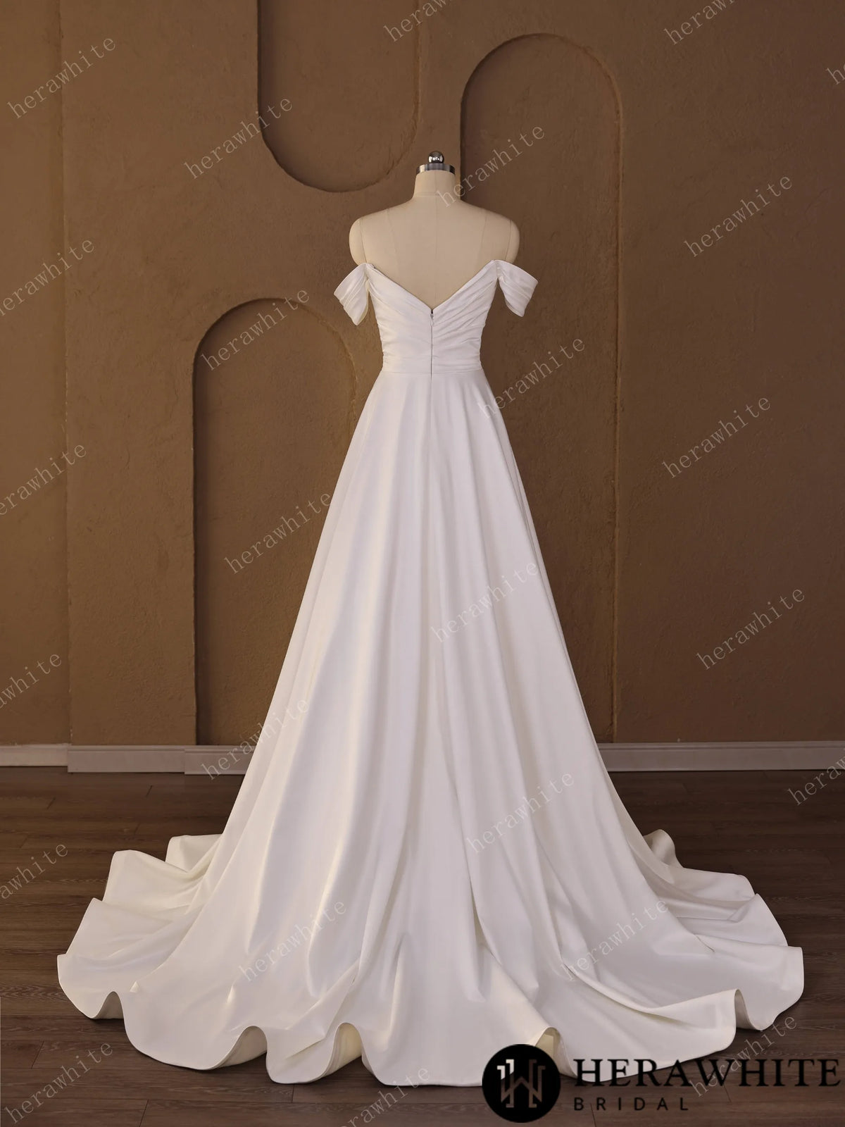 Off-Shoulder Sweetheart Satin A-line Wedding Gown With Draped Bodice & Cap Sleeves — HW3793 — image 5