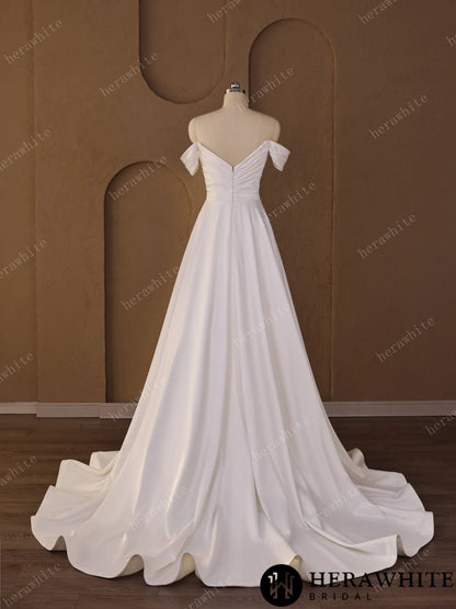 Off-Shoulder Sweetheart Satin A-line Wedding Gown With Draped Bodice & Cap Sleeves — HW3793 — image 5