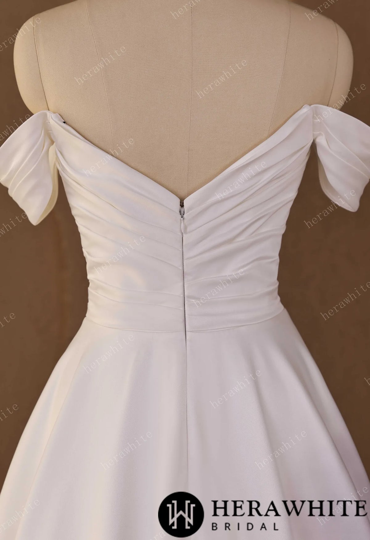 Off-Shoulder Sweetheart Satin A-line Wedding Gown With Draped Bodice & Cap Sleeves — HW3793 — image 6