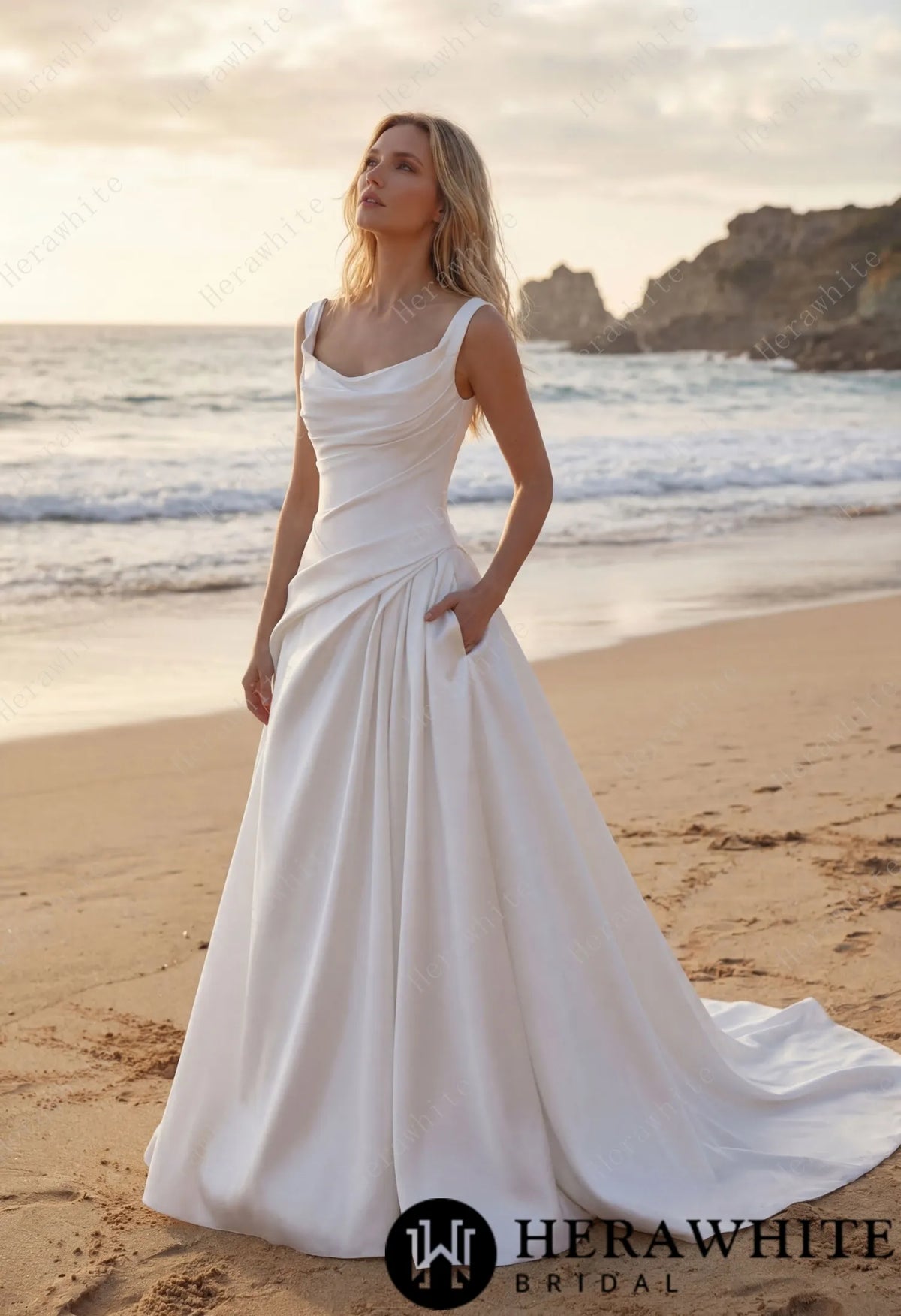 A heart-shaped neckline framed by wide Strap Draped A-Line Wedding Dress — HW3798 — image 1