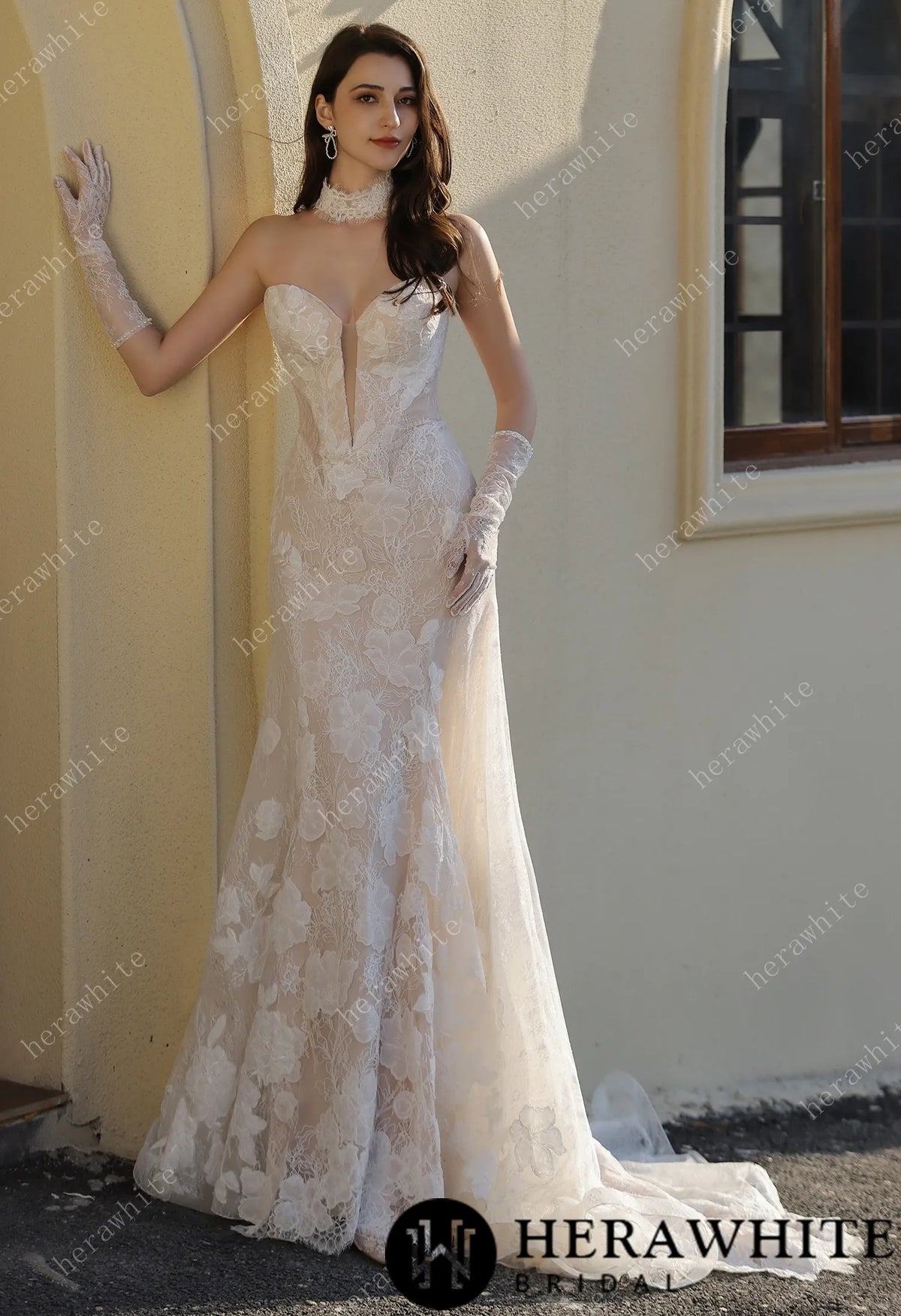 Dramatic Plunging V Neckline & Underlay Lace with Floral Embroidery Lace Sheath Dress — HW3802 — image 1