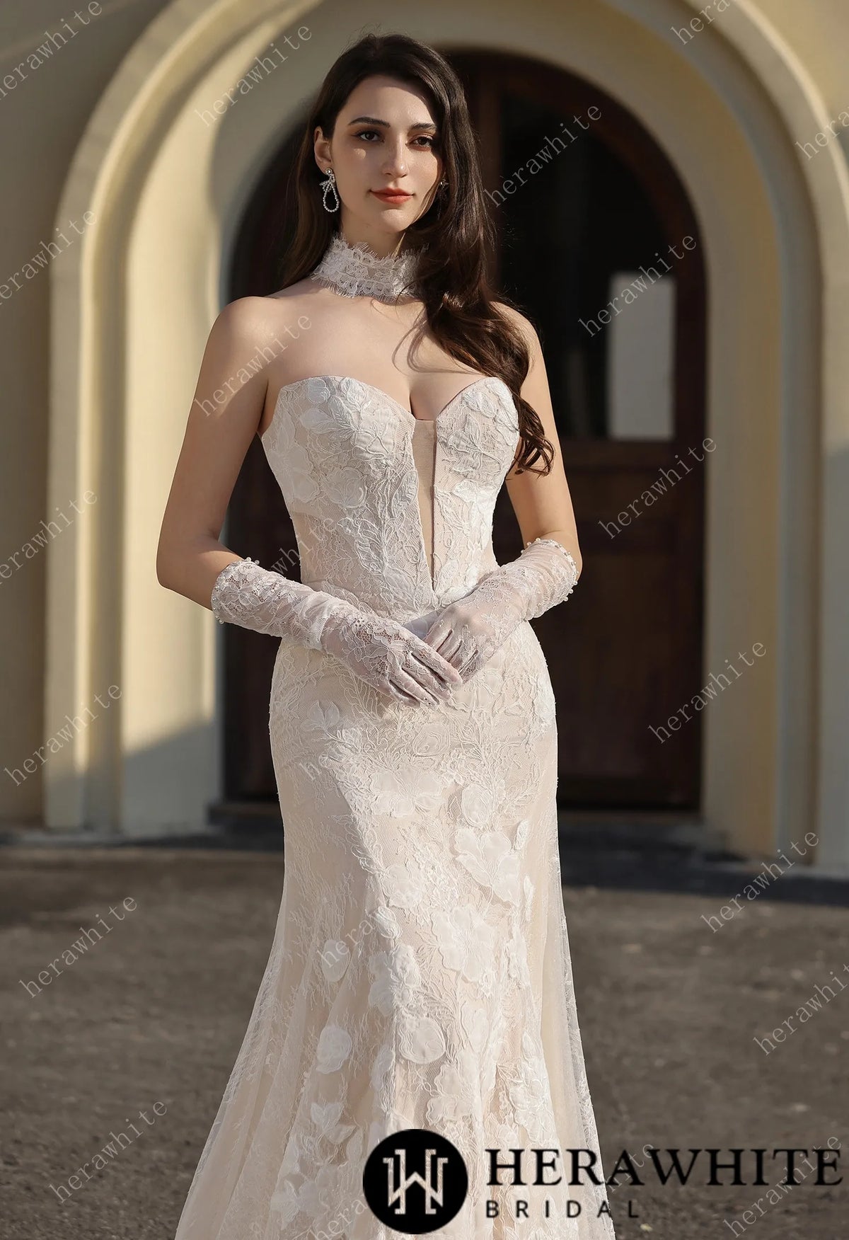 Dramatic Plunging V Neckline & Underlay Lace with Floral Embroidery Lace Sheath Dress — HW3802 — image 4