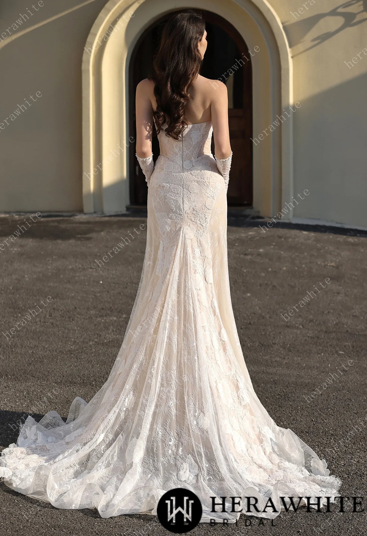 Dramatic Plunging V Neckline & Underlay Lace with Floral Embroidery Lace Sheath Dress — HW3802 — image 5