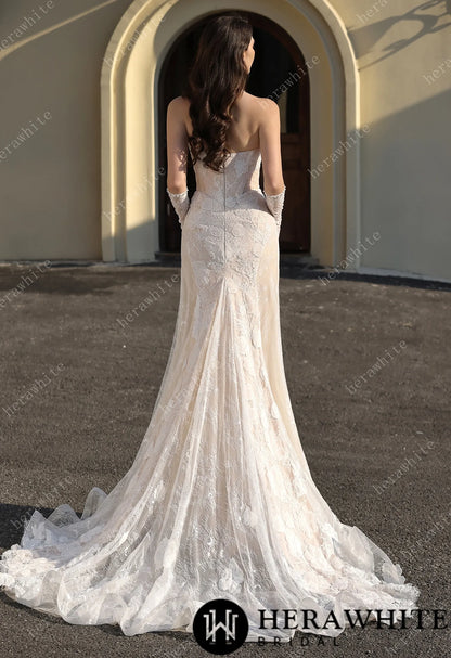 Dramatic Plunging V Neckline & Underlay Lace with Floral Embroidery Lace Sheath Dress — HW3802 — image 5