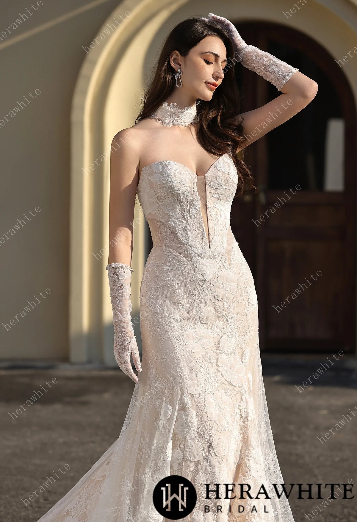 Dramatic Plunging V Neckline & Underlay Lace with Floral Embroidery Lace Sheath Dress — HW3802 — image 6