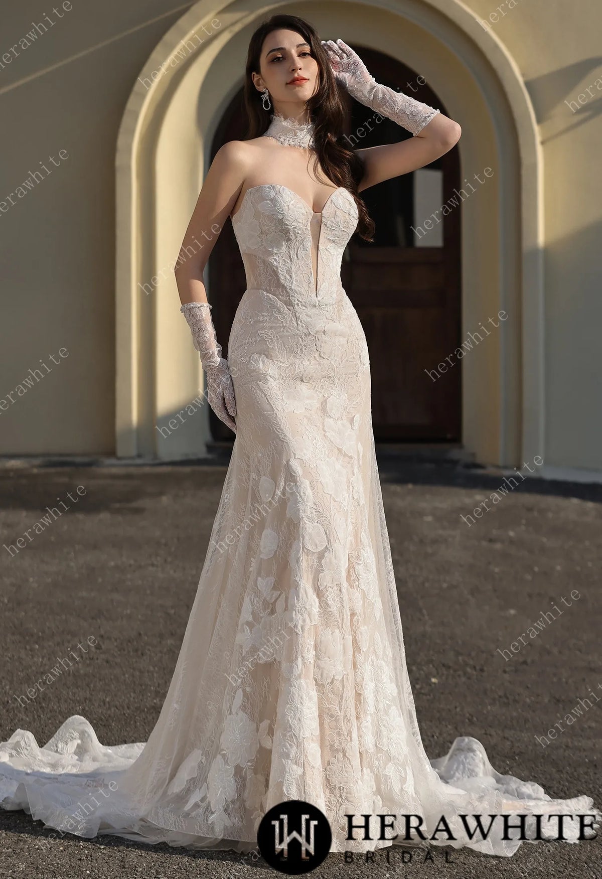 Dramatic Plunging V Neckline & Underlay Lace with Floral Embroidery Lace Sheath Dress — HW3802 — image 7