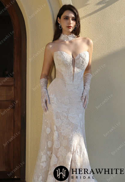 Dramatic Plunging V Neckline & Underlay Lace with Floral Embroidery Lace Sheath Dress — HW3802 — image 8