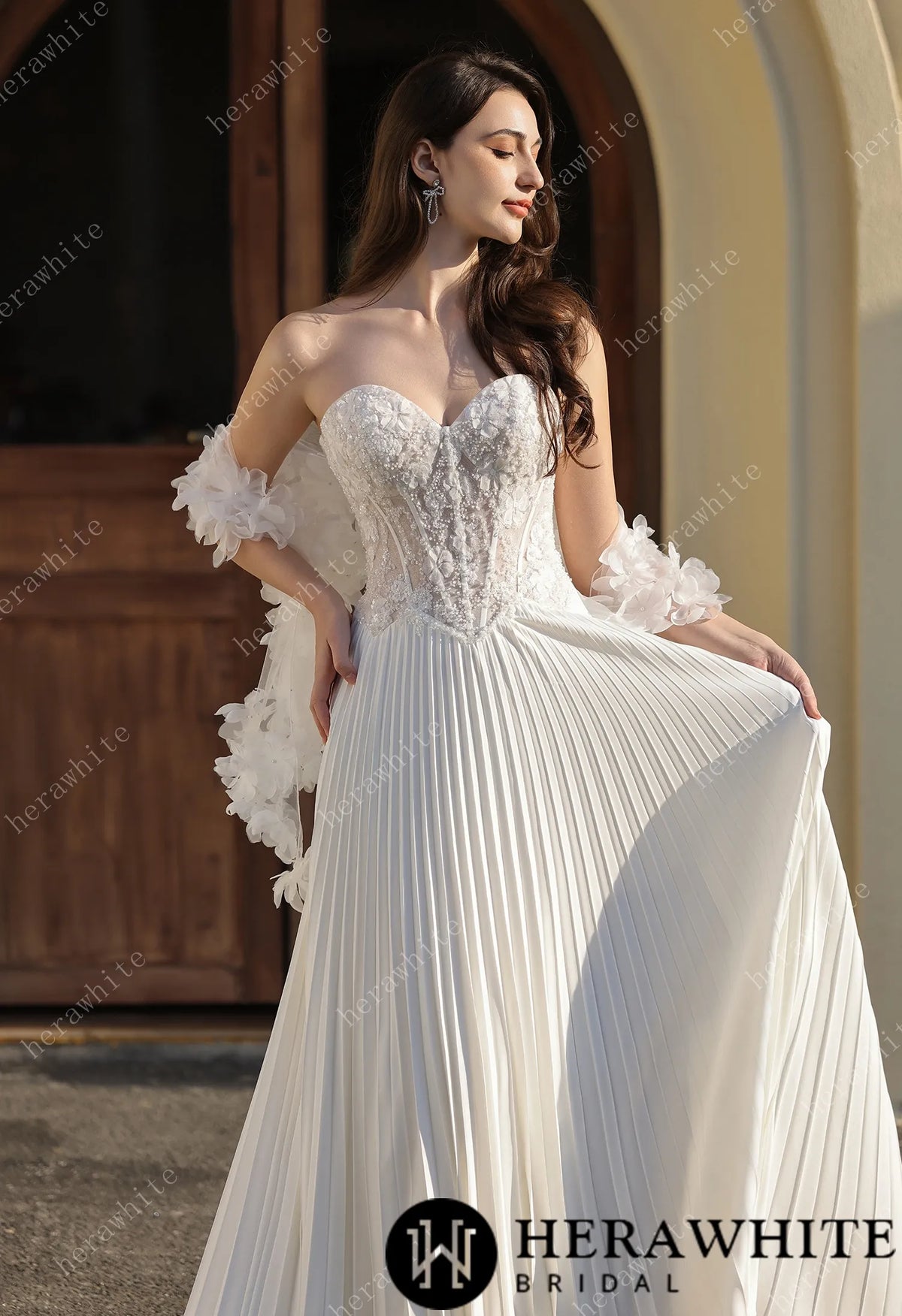 Delicately Pleated Skirt Wedding Dress Bridal Gown & Optional Structured Corset Vest — HW3804 — image 1