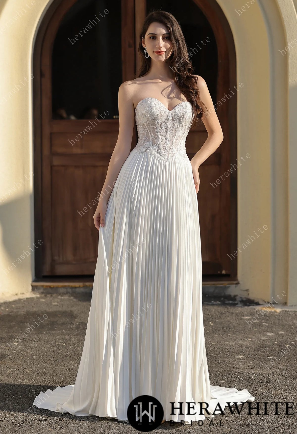 Delicately Pleated Skirt Wedding Dress Bridal Gown & Optional Structured Corset Vest — HW3804 — image 4