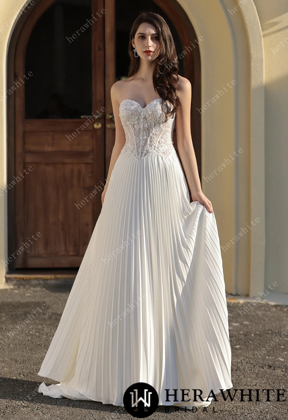 Delicately Pleated Skirt Wedding Dress Bridal Gown & Optional Structured Corset Vest — HW3804 — image 5