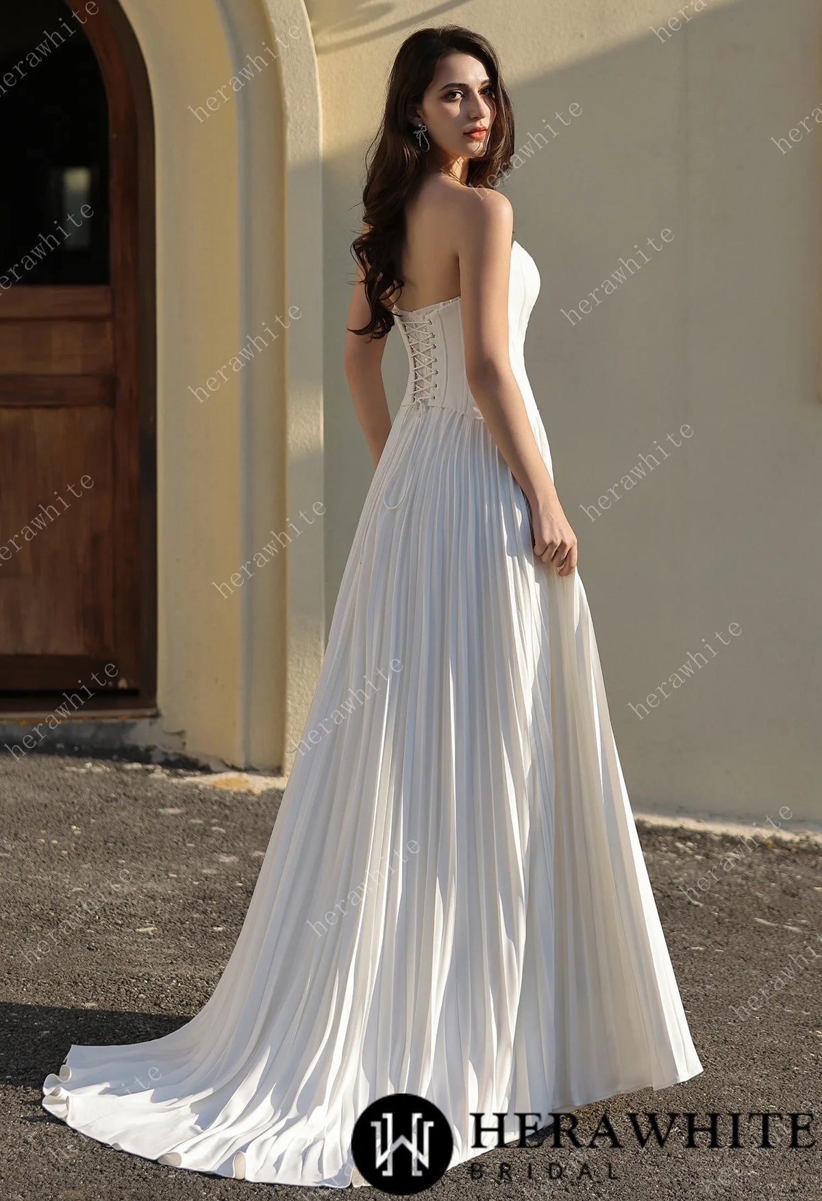 Delicately Pleated Skirt Wedding Dress Bridal Gown & Optional Structured Corset Vest — HW3804 — image 6