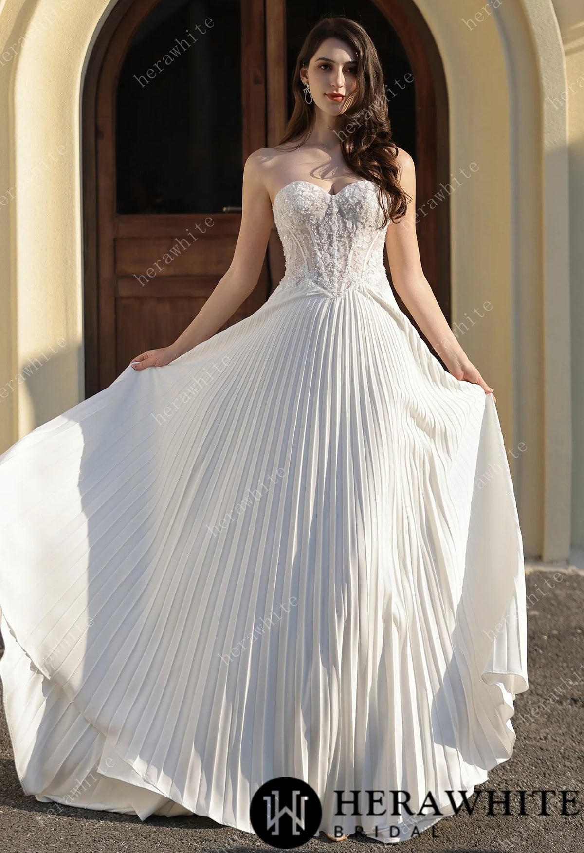 Delicately Pleated Skirt Wedding Dress Bridal Gown & Optional Structured Corset Vest — HW3804 — image 7